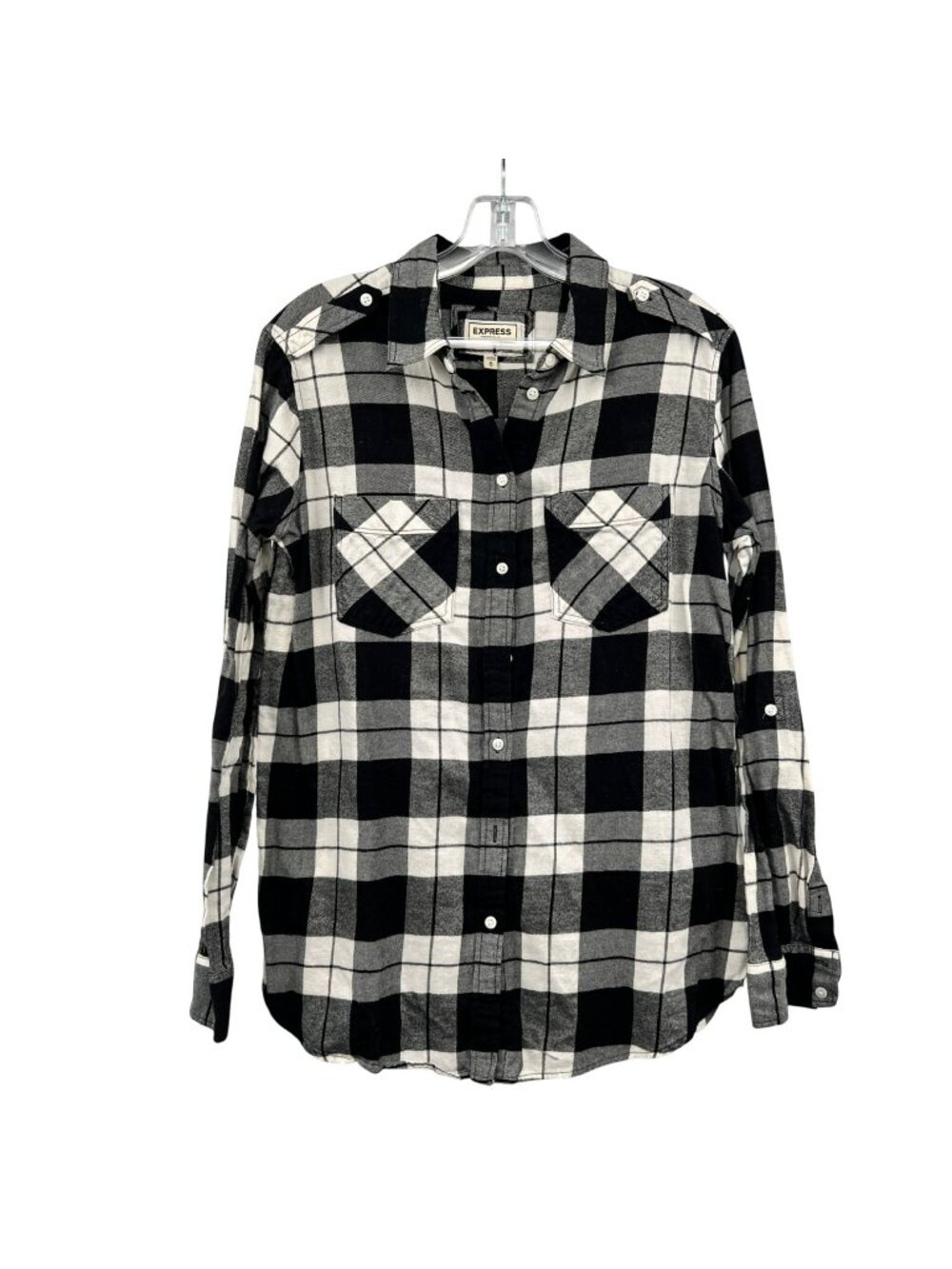 Express Womens Boyfriend Plaid Button Up Top Black/White Size Medium